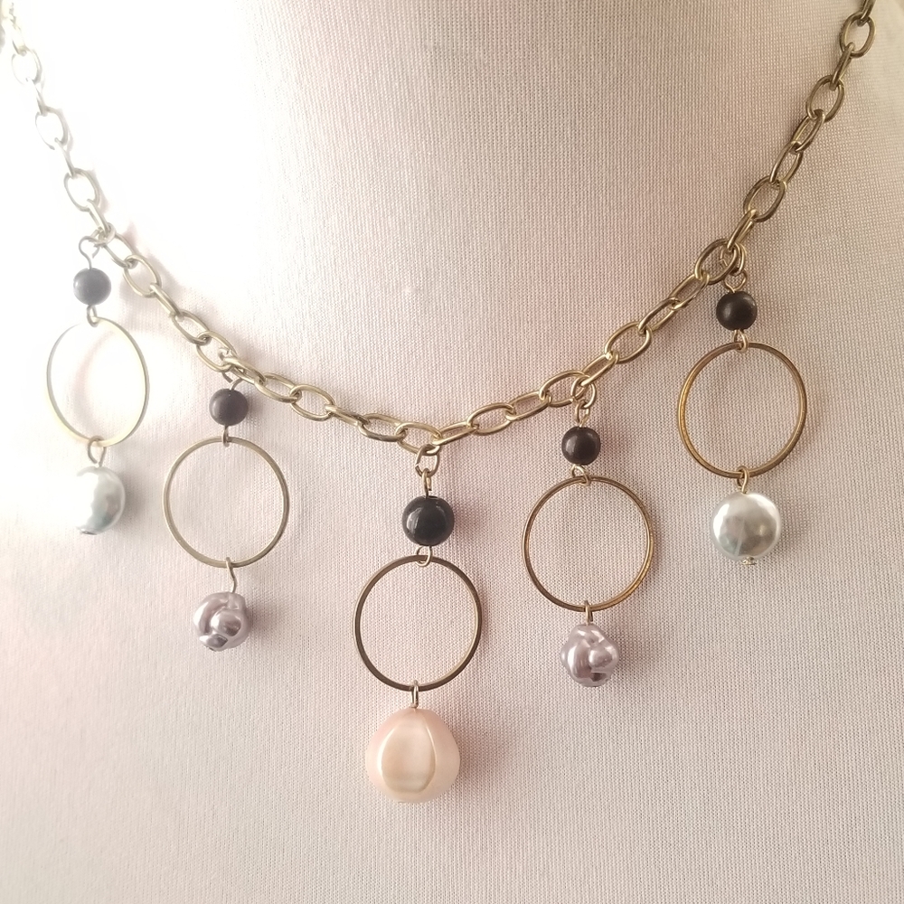 Circles and beads necklace faux pearls antiqued gold tone metal peach